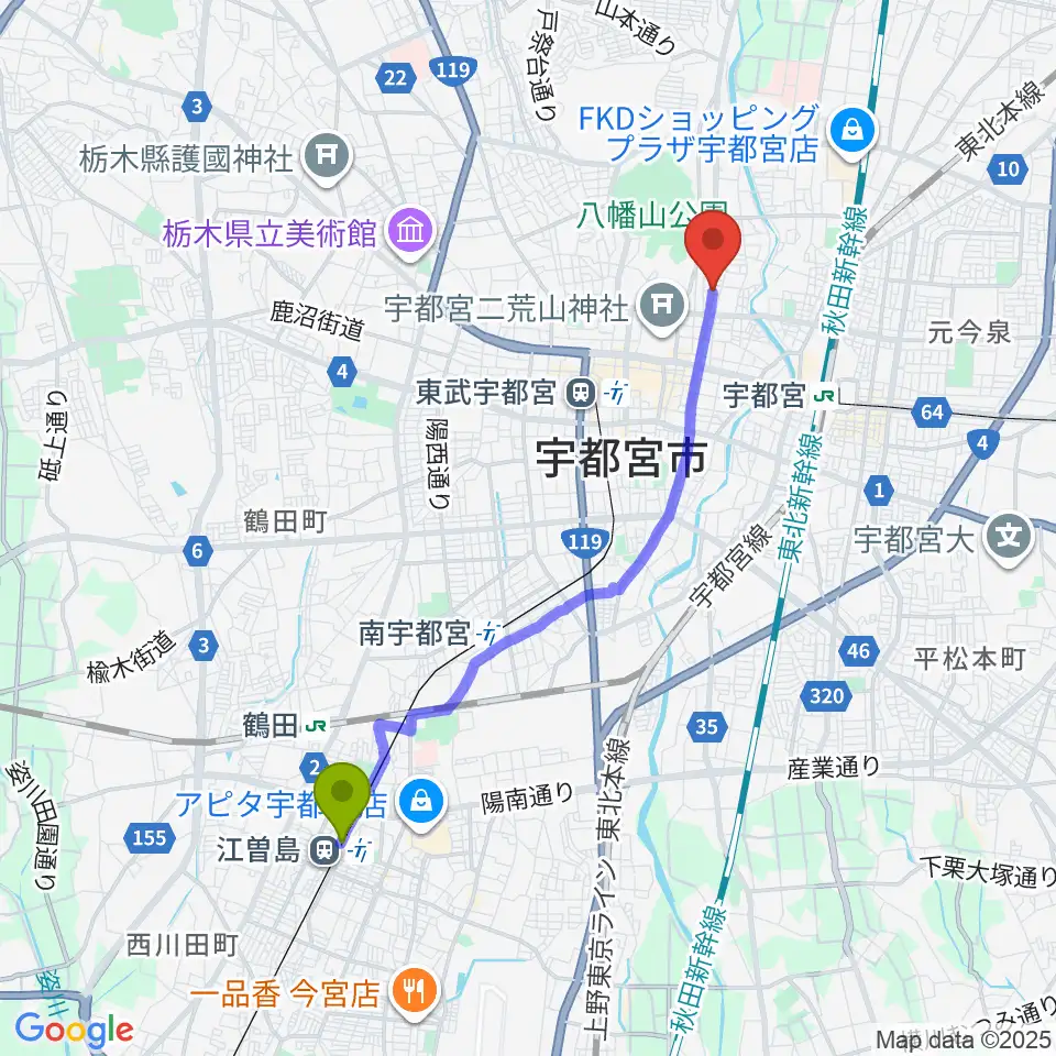 江曽島駅からBEAT CLUB STUDIOへのルートマップ地図