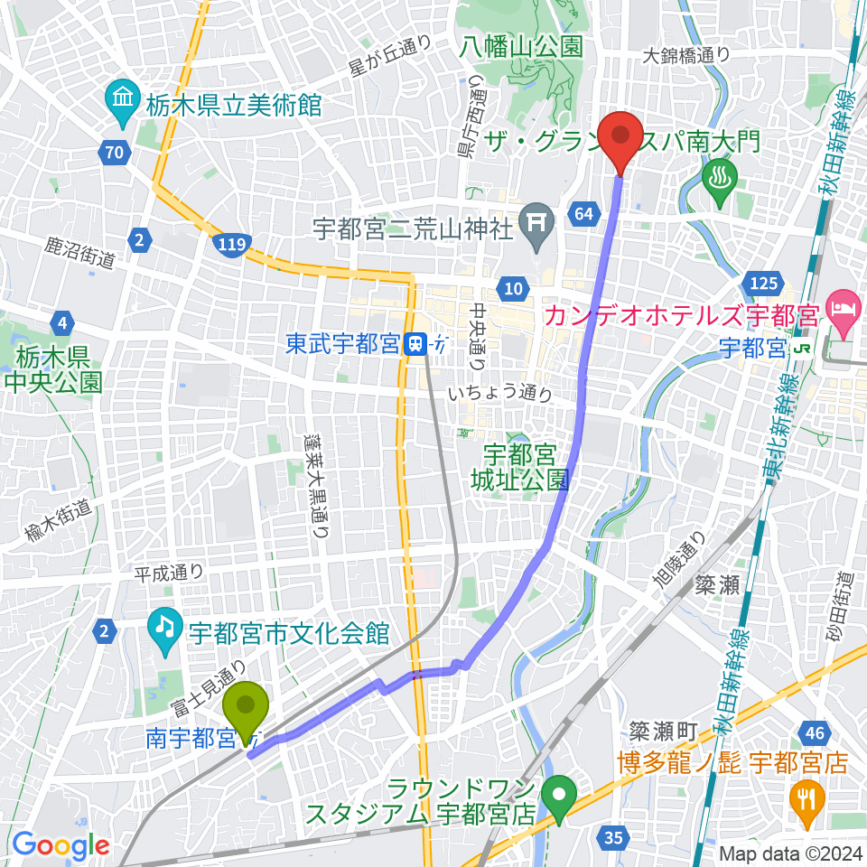 南宇都宮駅からBEAT CLUB STUDIOへのルートマップ地図