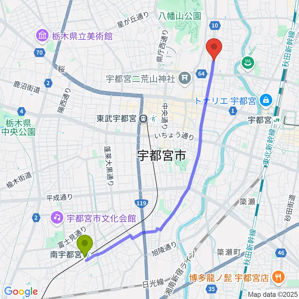 南宇都宮駅からBEAT CLUB STUDIOへのルートマップ地図
