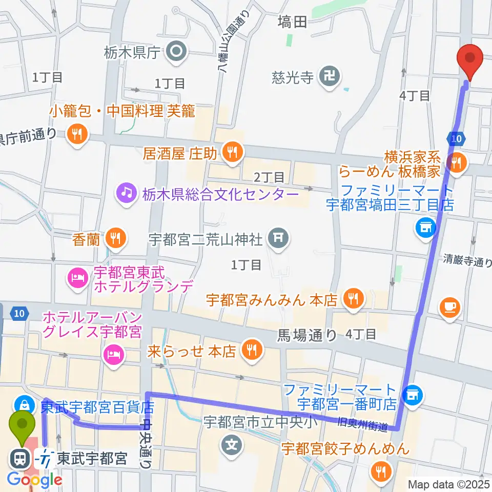 東武宇都宮駅からBEAT CLUB STUDIOへのルートマップ地図