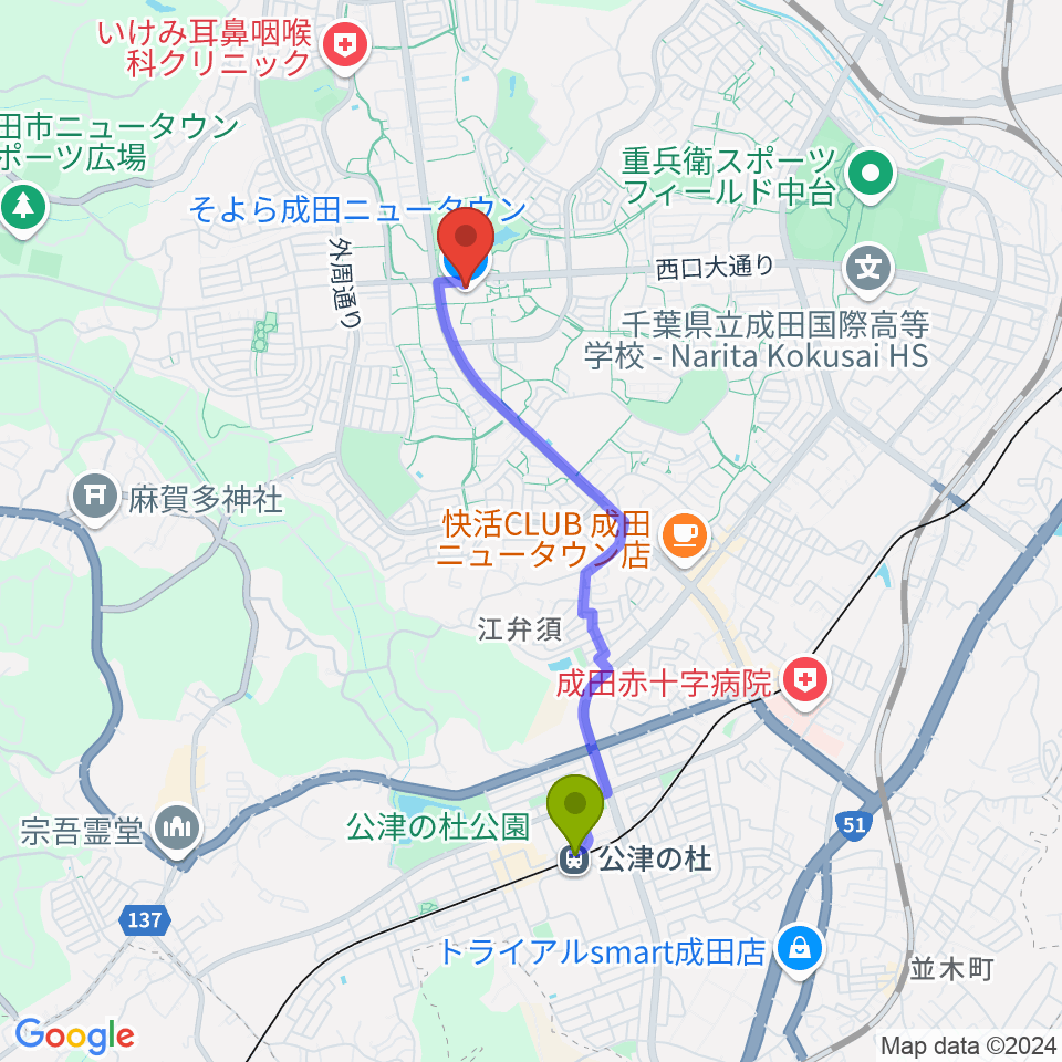 島村楽器 成田ボンベルタ店の最寄駅公津の杜駅からの徒歩ルート（約34分）地図