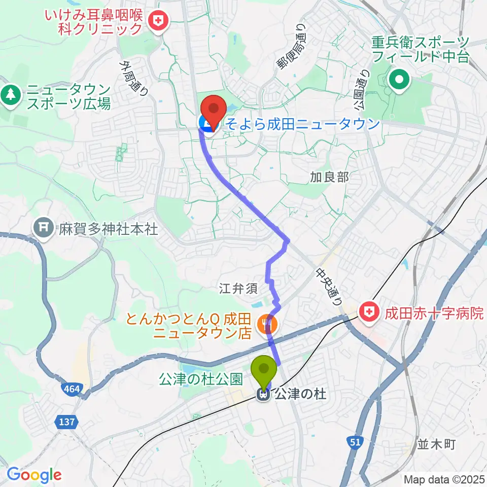 島村楽器 成田ボンベルタ店の最寄駅公津の杜駅からの徒歩ルート（約34分）地図
