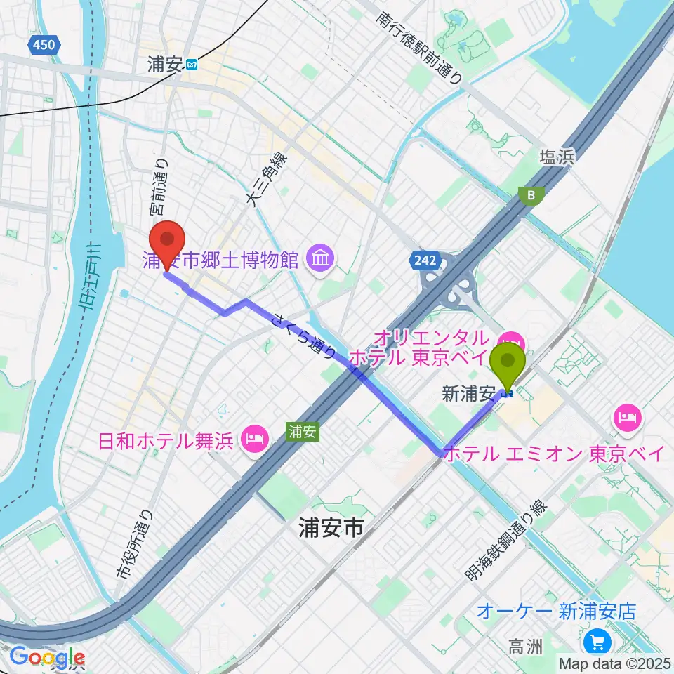 新浦安駅からSTUDIO NOBへのルートマップ地図