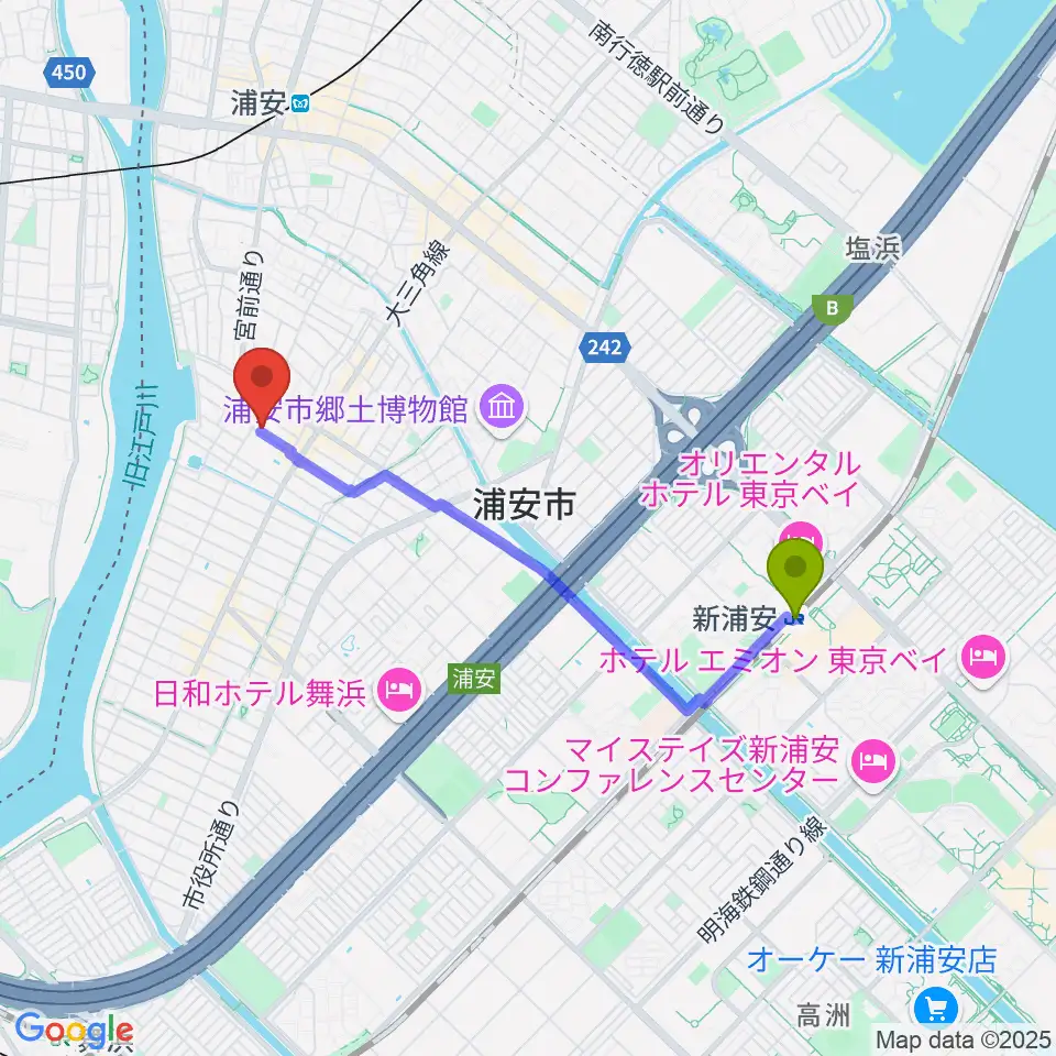 新浦安駅からSTUDIO NOBへのルートマップ地図