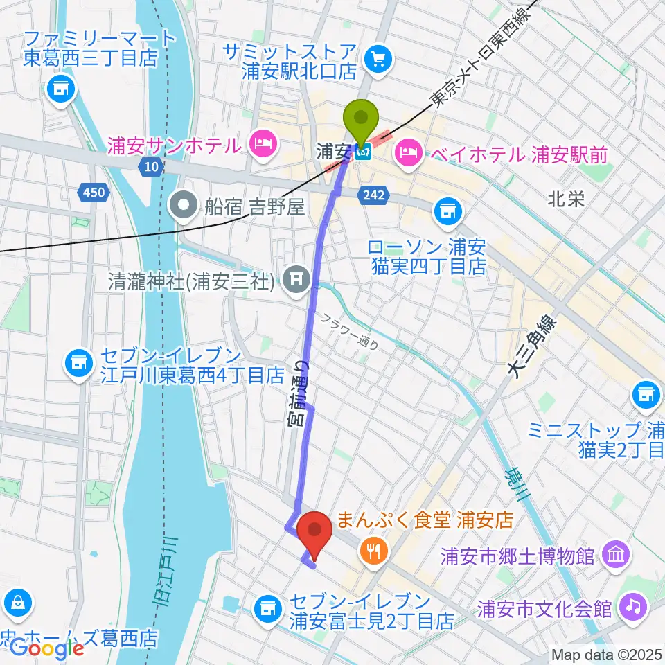 STUDIO NOBの最寄駅浦安駅からの徒歩ルート（約19分）地図