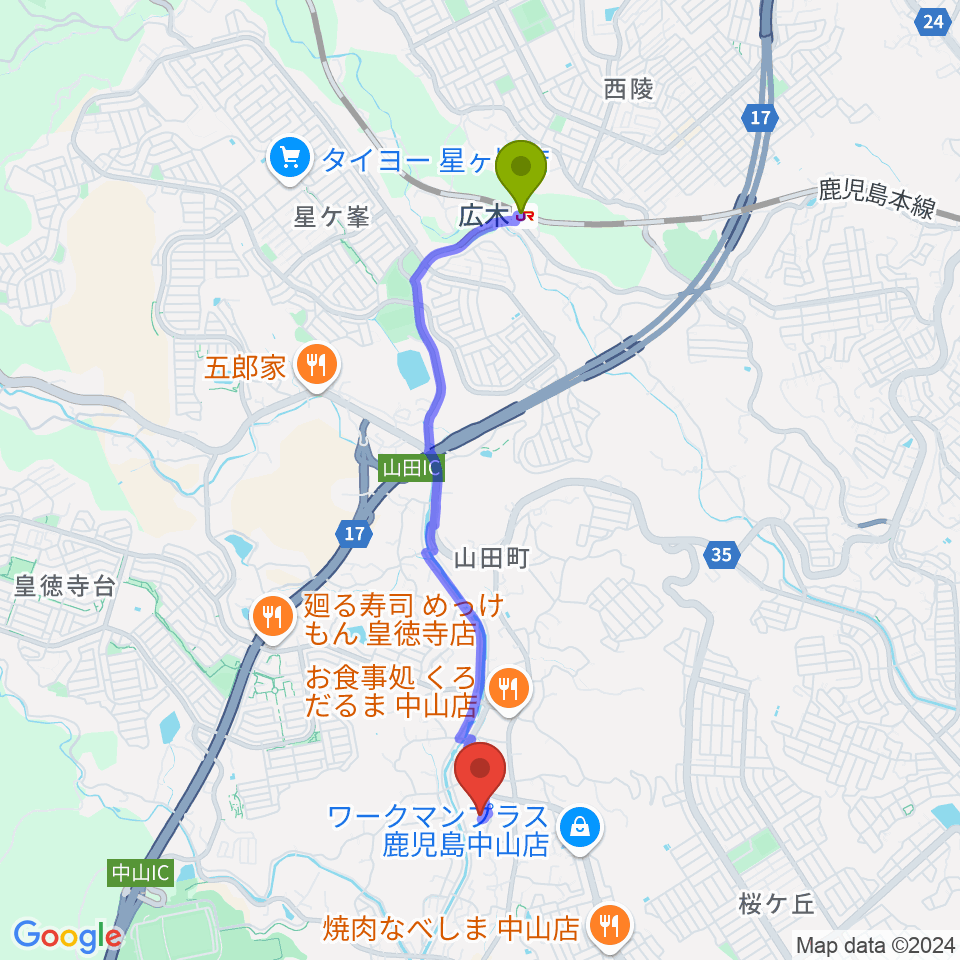 チンパンジースタジオの最寄駅広木駅からの徒歩ルート（約41分）地図