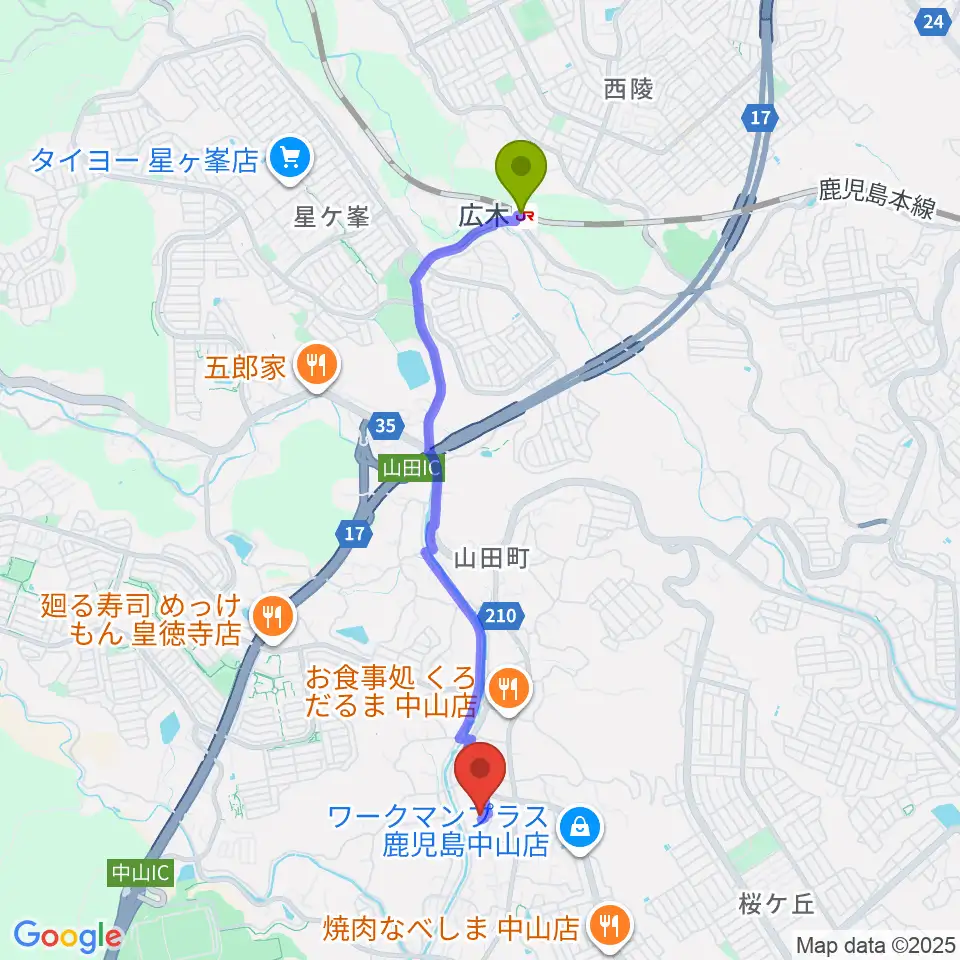 チンパンジースタジオの最寄駅広木駅からの徒歩ルート（約41分）地図