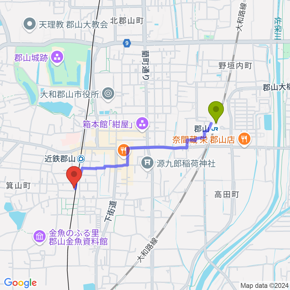 郡山駅からNMGレコーディングスタジオへのルートマップ地図