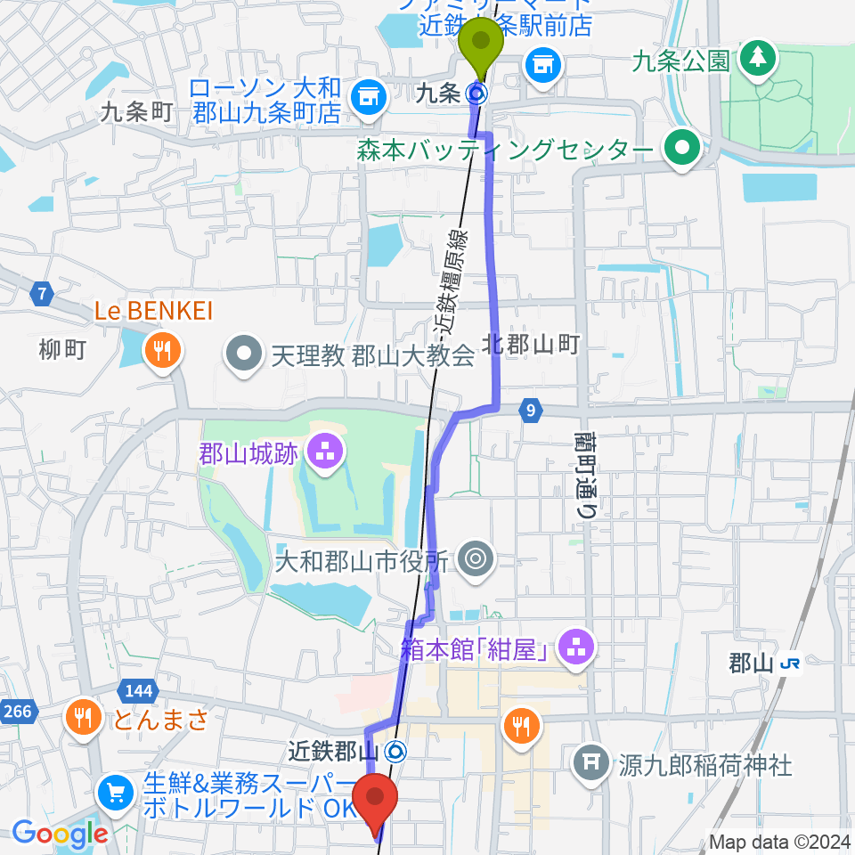 九条駅からNMGレコーディングスタジオへのルートマップ地図