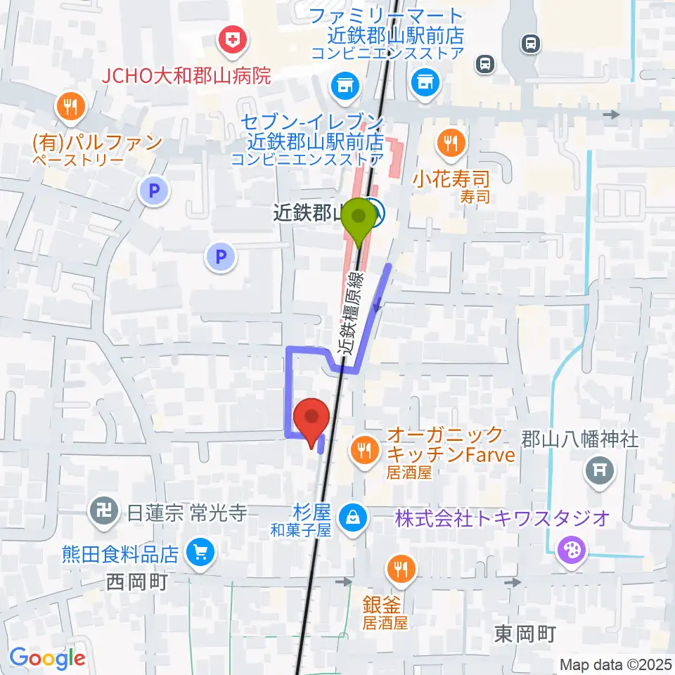 NMG studioの最寄駅近鉄郡山駅からの徒歩ルート（約2分）地図