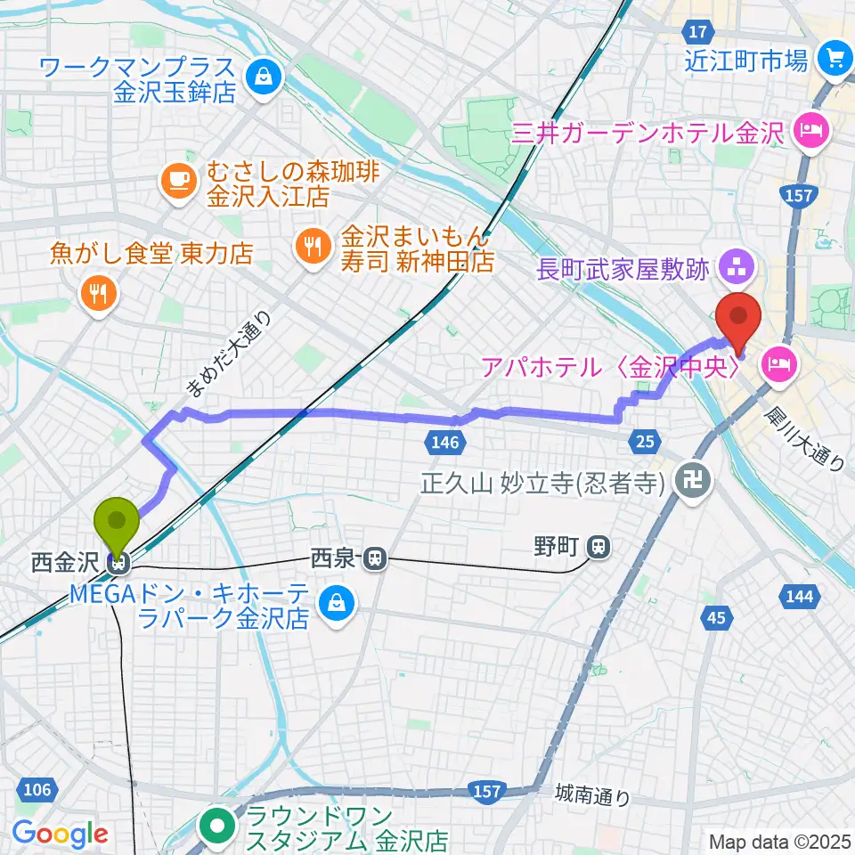 西金沢駅から金沢GOLD CREEKへのルートマップ地図
