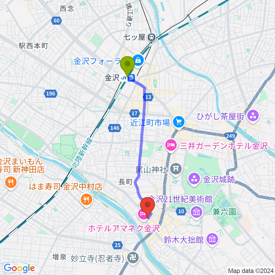 金沢駅から金沢GOLD CREEKへのルートマップ地図