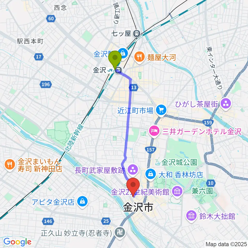 金沢駅から金沢GOLD CREEKへのルートマップ地図