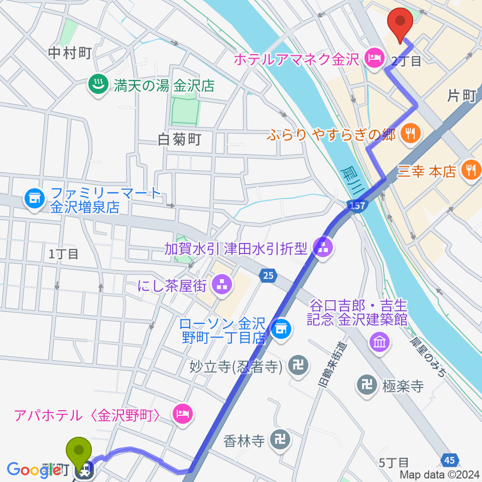 金沢GOLD CREEKの最寄駅野町駅からの徒歩ルート（約17分）地図