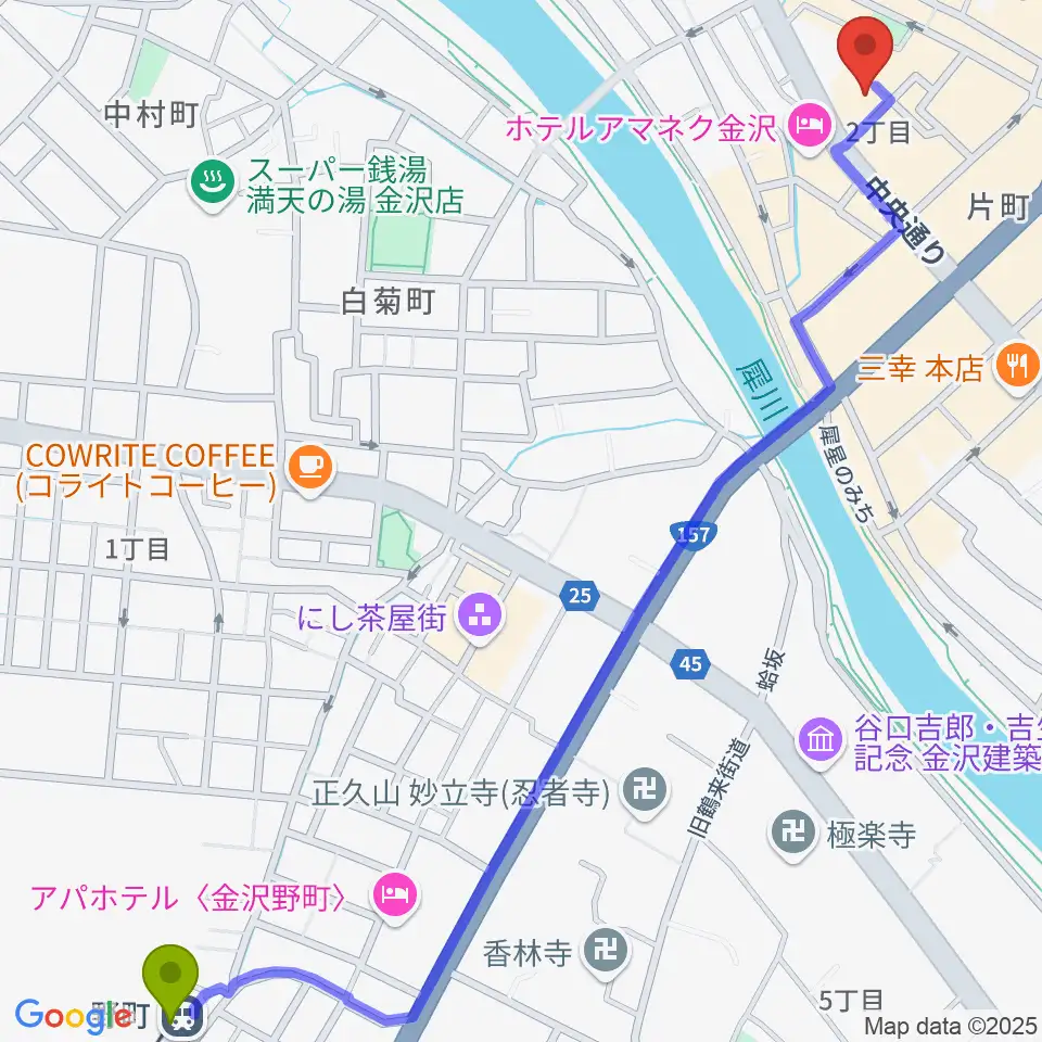金沢GOLD CREEKの最寄駅野町駅からの徒歩ルート（約17分）地図