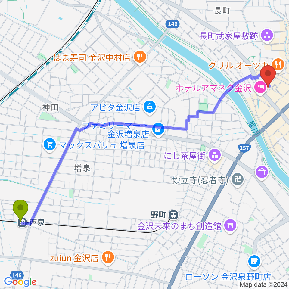 西泉駅から金沢GOLD CREEKへのルートマップ地図