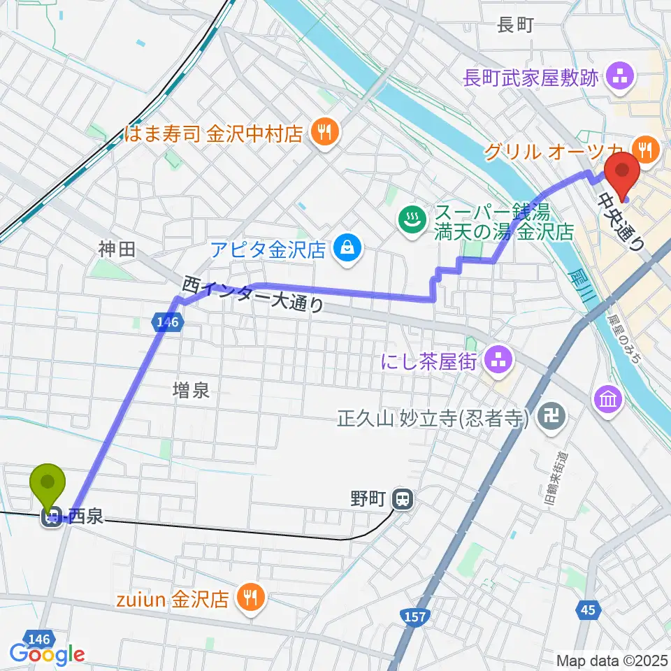 西泉駅から金沢GOLD CREEKへのルートマップ地図