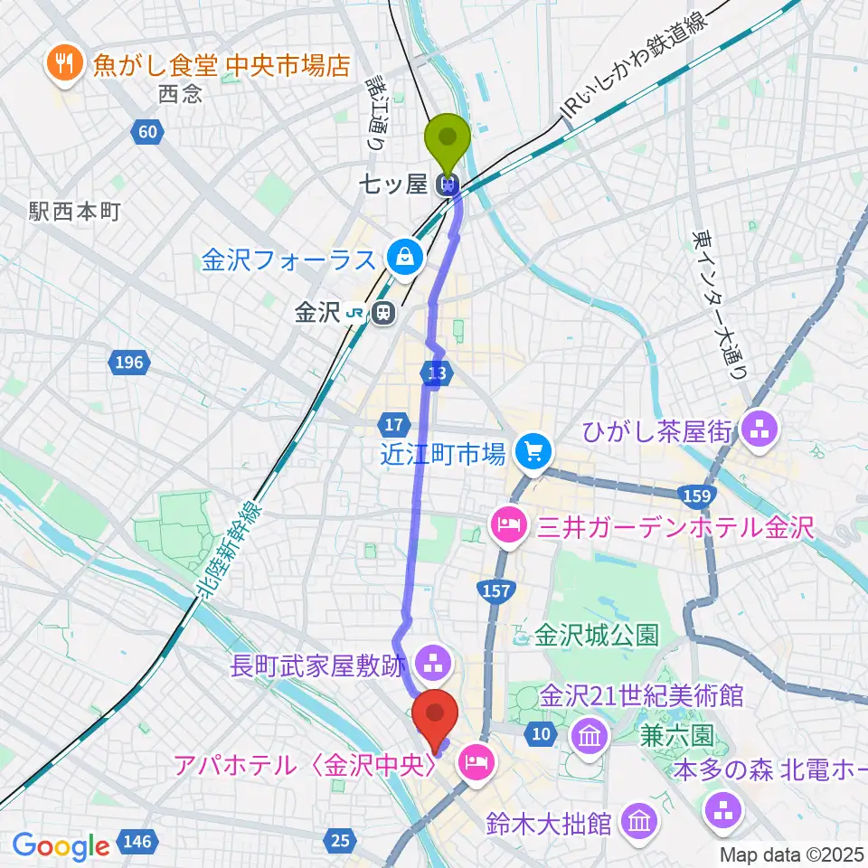 七ツ屋駅から金沢GOLD CREEKへのルートマップ地図