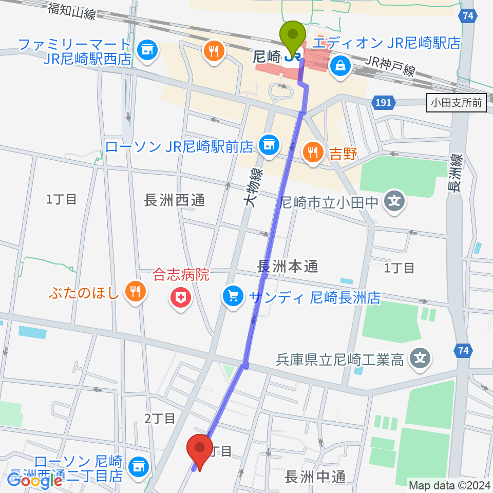 ピアノ工房関西の最寄駅尼崎駅からの徒歩ルート（約13分）地図