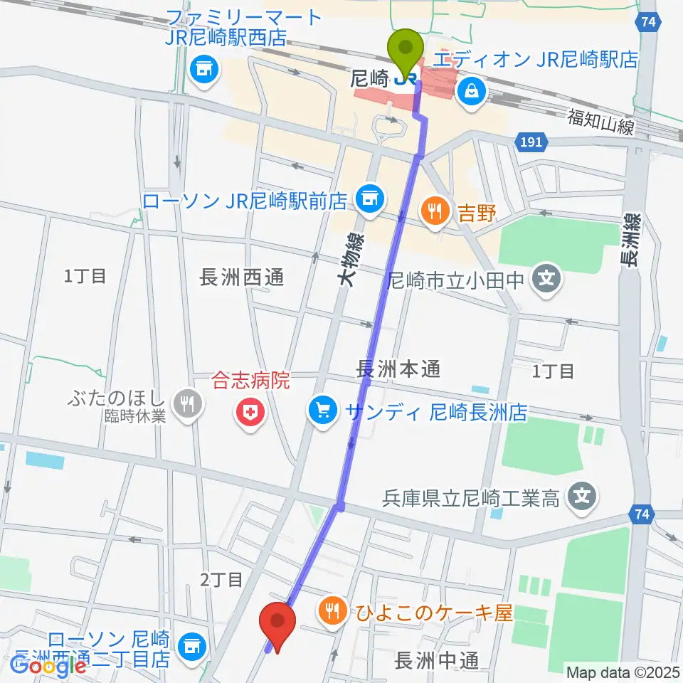 ピアノ工房関西の最寄駅尼崎駅からの徒歩ルート（約13分）地図