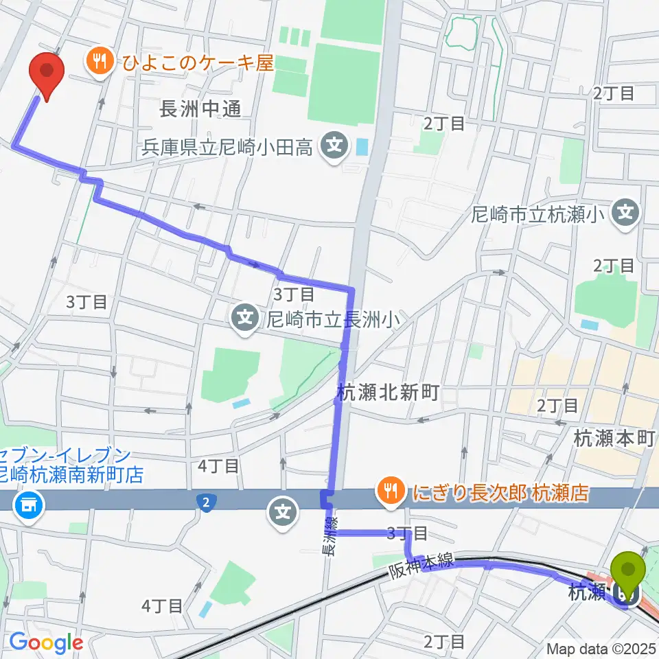 杭瀬駅からピアノ工房関西へのルートマップ地図