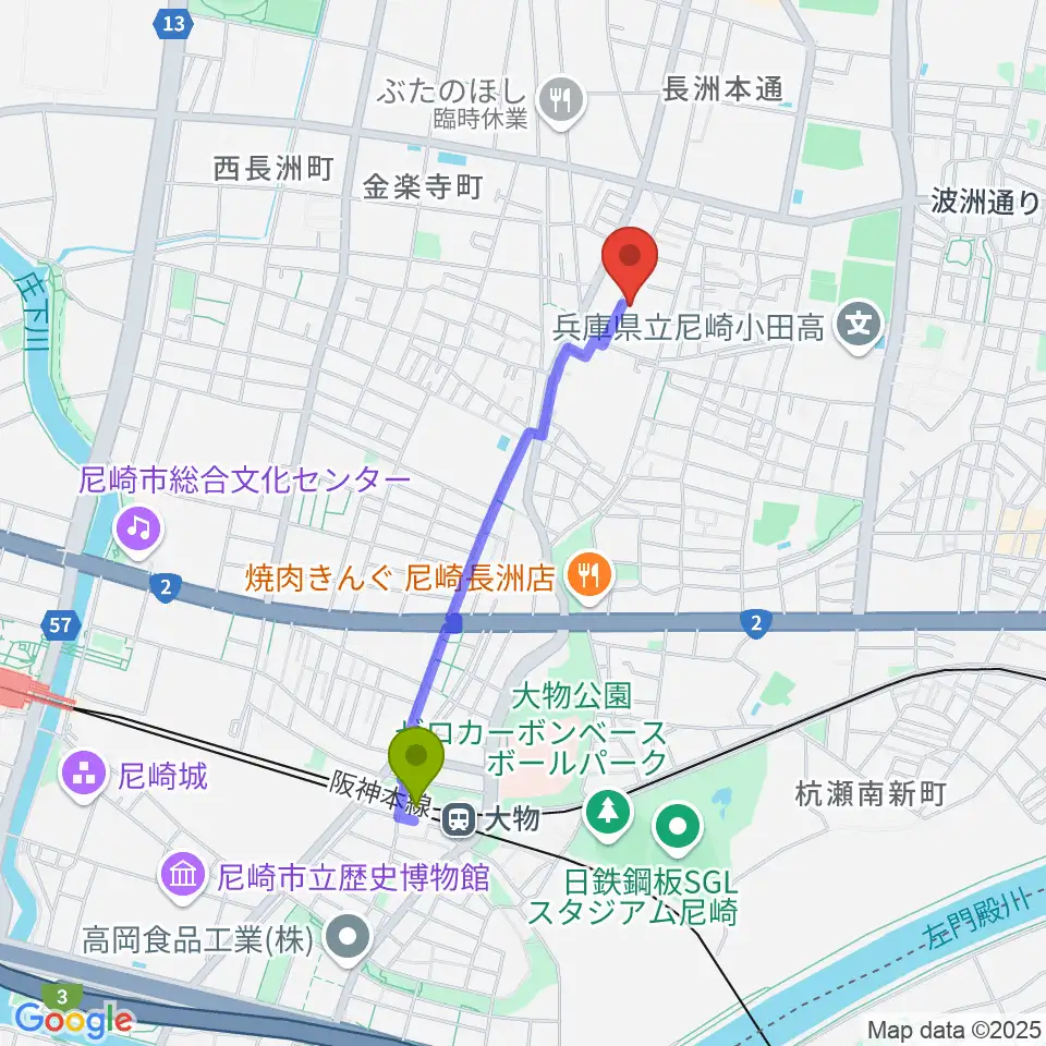 大物駅からピアノ工房関西へのルートマップ地図
