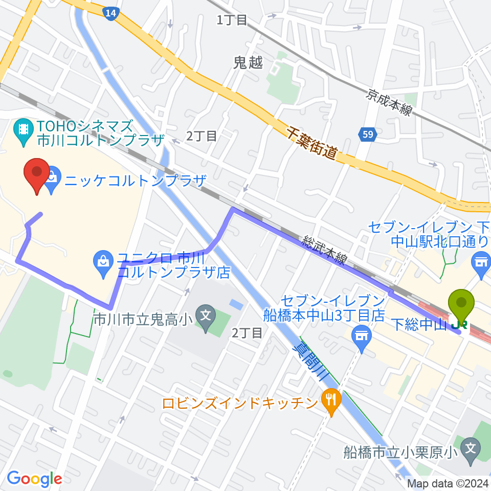 下総中山駅から島村楽器 市川コルトンプラザ店へのルートマップ地図