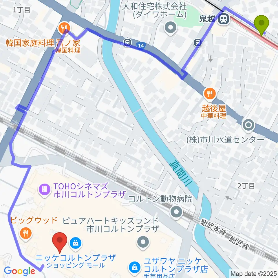 島村楽器 市川コルトンプラザ店の最寄駅鬼越駅からの徒歩ルート（約8分）地図