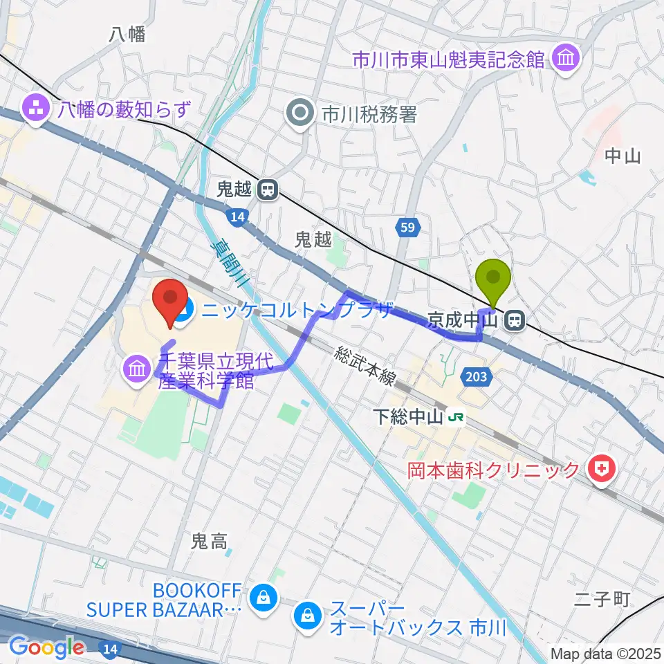 京成中山駅から島村楽器 市川コルトンプラザ店へのルートマップ地図
