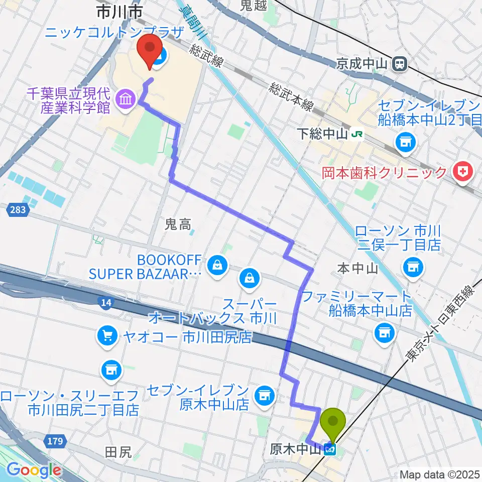 原木中山駅から島村楽器 市川コルトンプラザ店へのルートマップ地図
