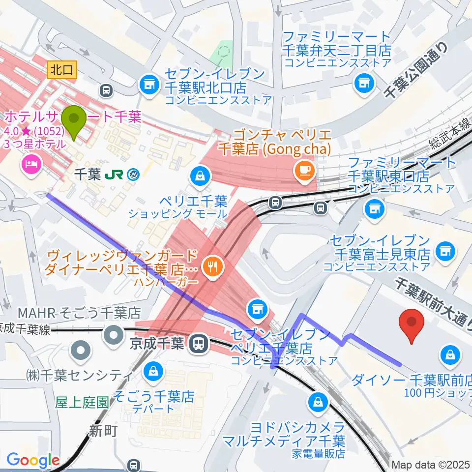 千葉駅から島村楽器 千葉店へのルートマップ地図