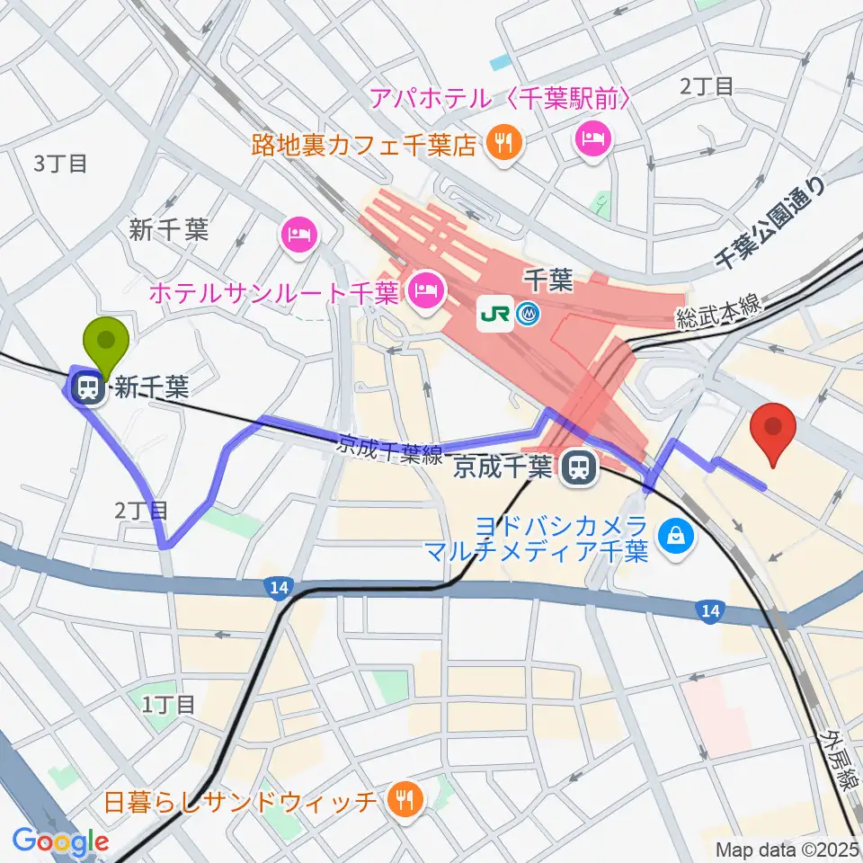 新千葉駅から島村楽器 千葉店へのルートマップ地図