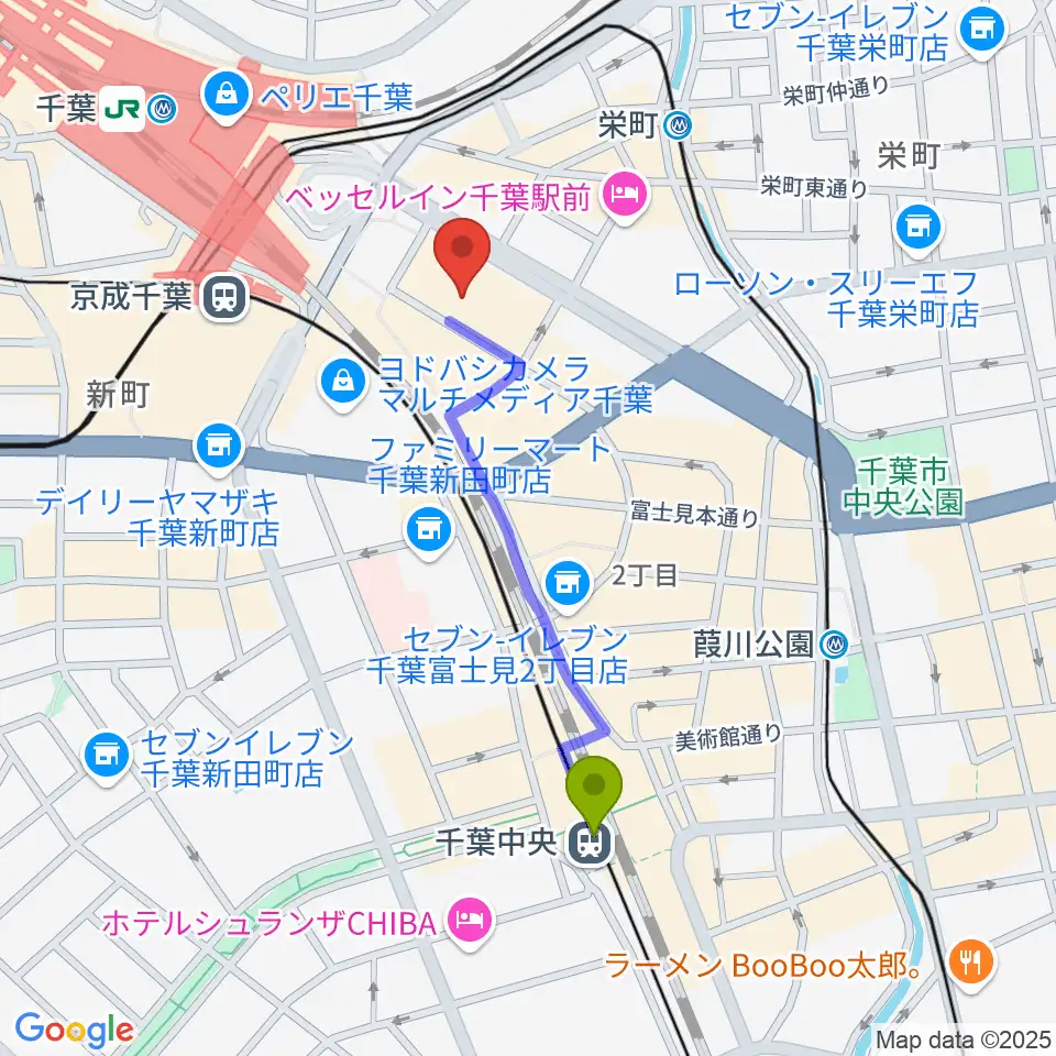 千葉中央駅から島村楽器 千葉店へのルートマップ地図