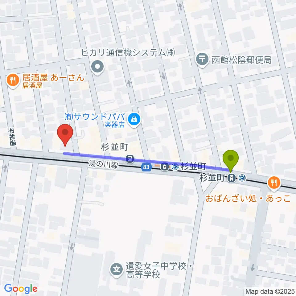 カワイ函館ショップの最寄駅杉並町駅からの徒歩ルート（約4分）地図