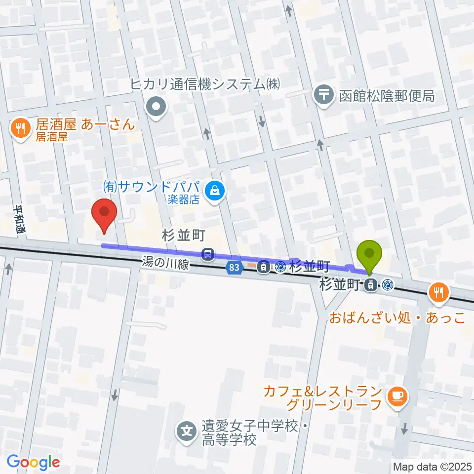カワイ函館ショップの最寄駅杉並町駅からの徒歩ルート（約4分）地図