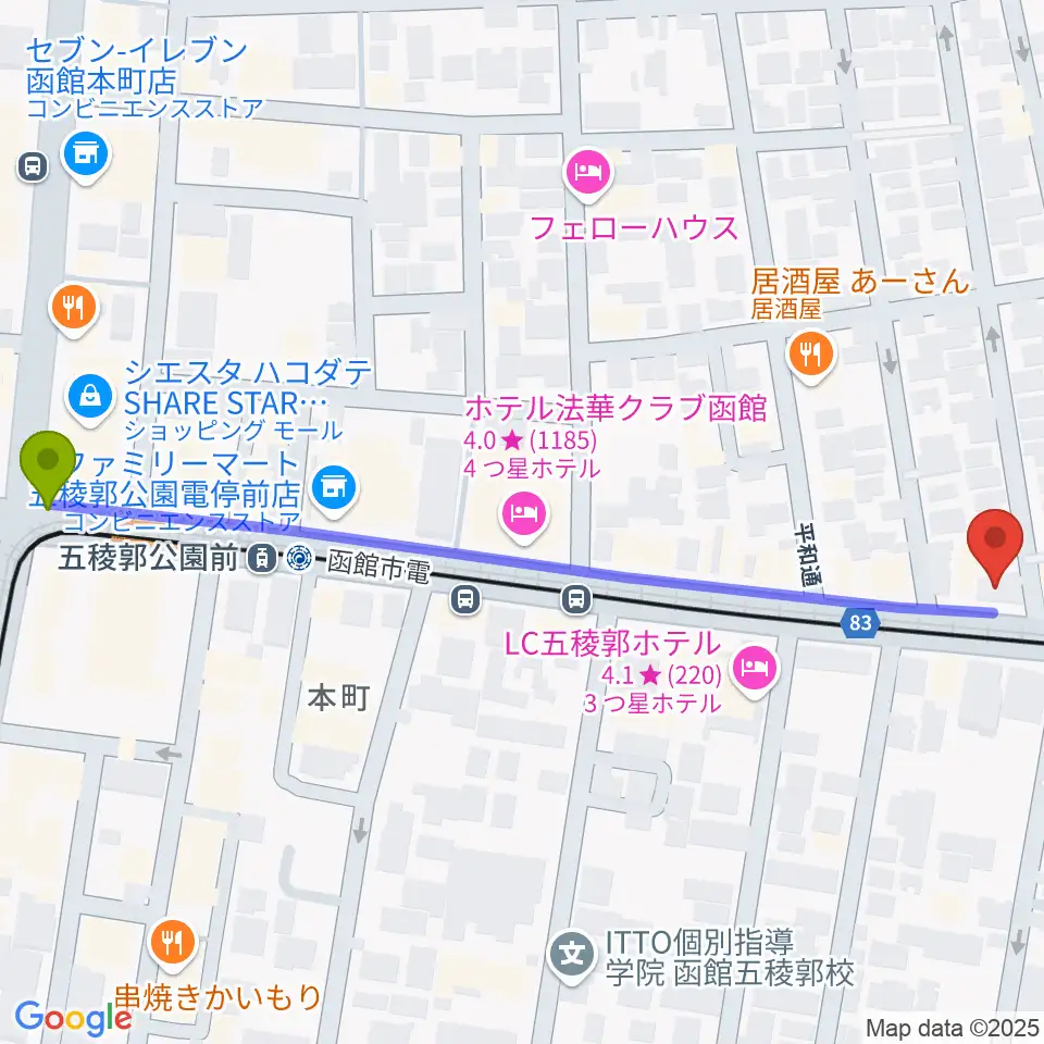 五稜郭公園前駅からカワイ函館ショップへのルートマップ地図