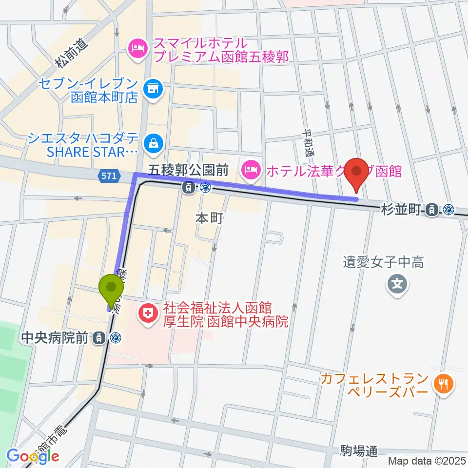 中央病院前駅からカワイ函館ショップへのルートマップ地図