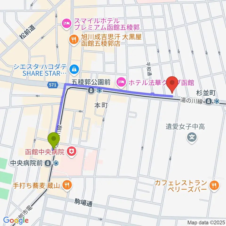 中央病院前駅からカワイ函館ショップへのルートマップ地図