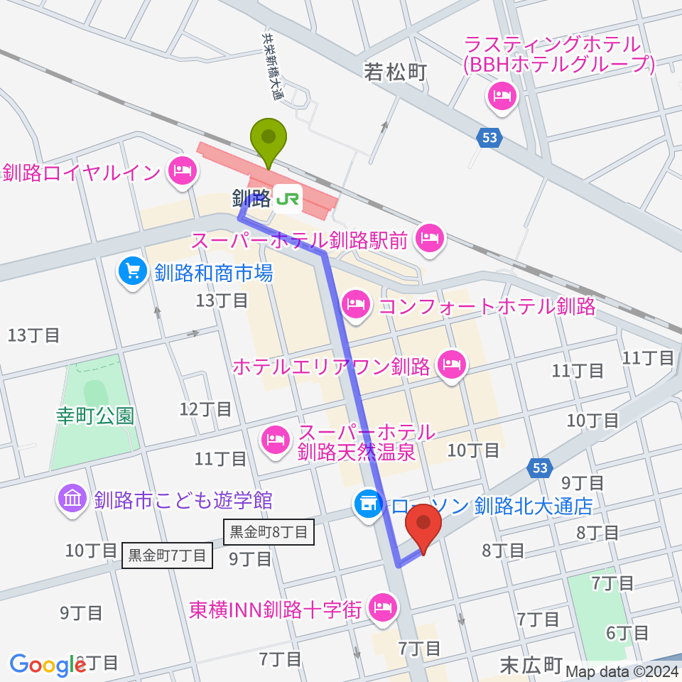 カワイ釧路店の最寄駅釧路駅からの徒歩ルート（約8分）地図