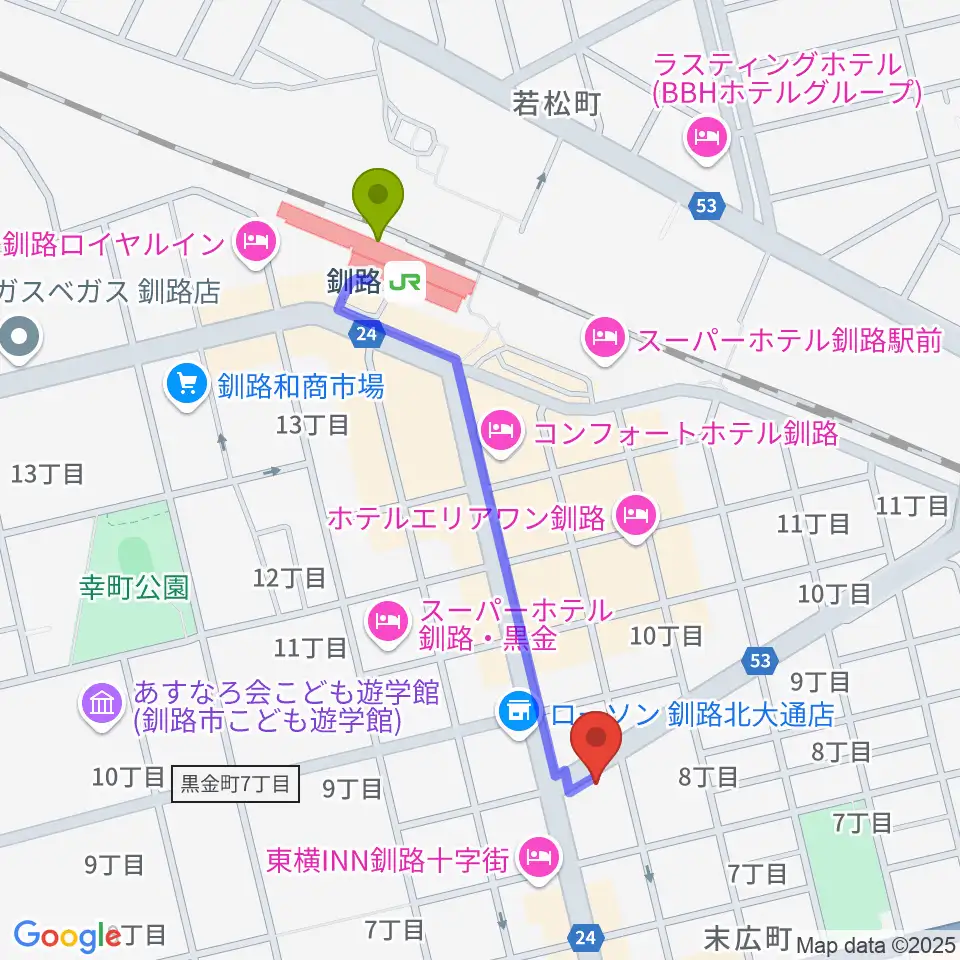 カワイ釧路店の最寄駅釧路駅からの徒歩ルート（約8分）地図