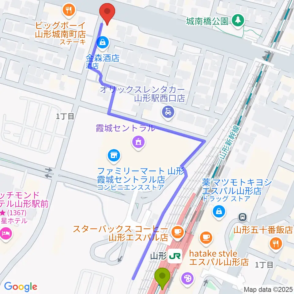 カワイ山形ショップの最寄駅山形駅からの徒歩ルート（約7分）地図