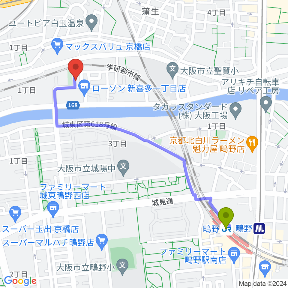 鴫野駅からSTEEL BOXへのルートマップ地図