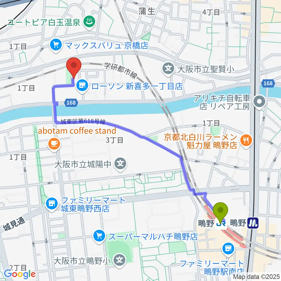 鴫野駅からSTEEL BOXへのルートマップ地図