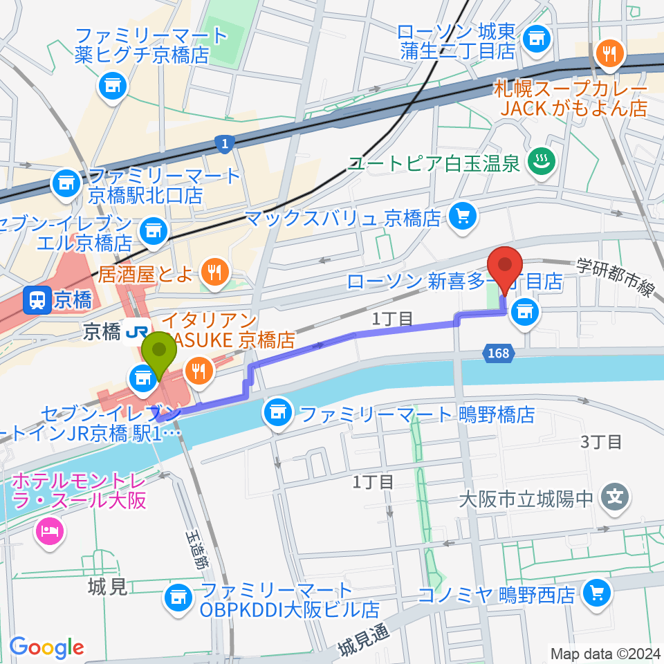 STEEL BOXの最寄駅京橋駅からの徒歩ルート（約8分）地図