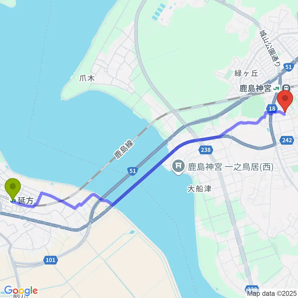 延方駅からミュージックショップ ボブへのルートマップ地図