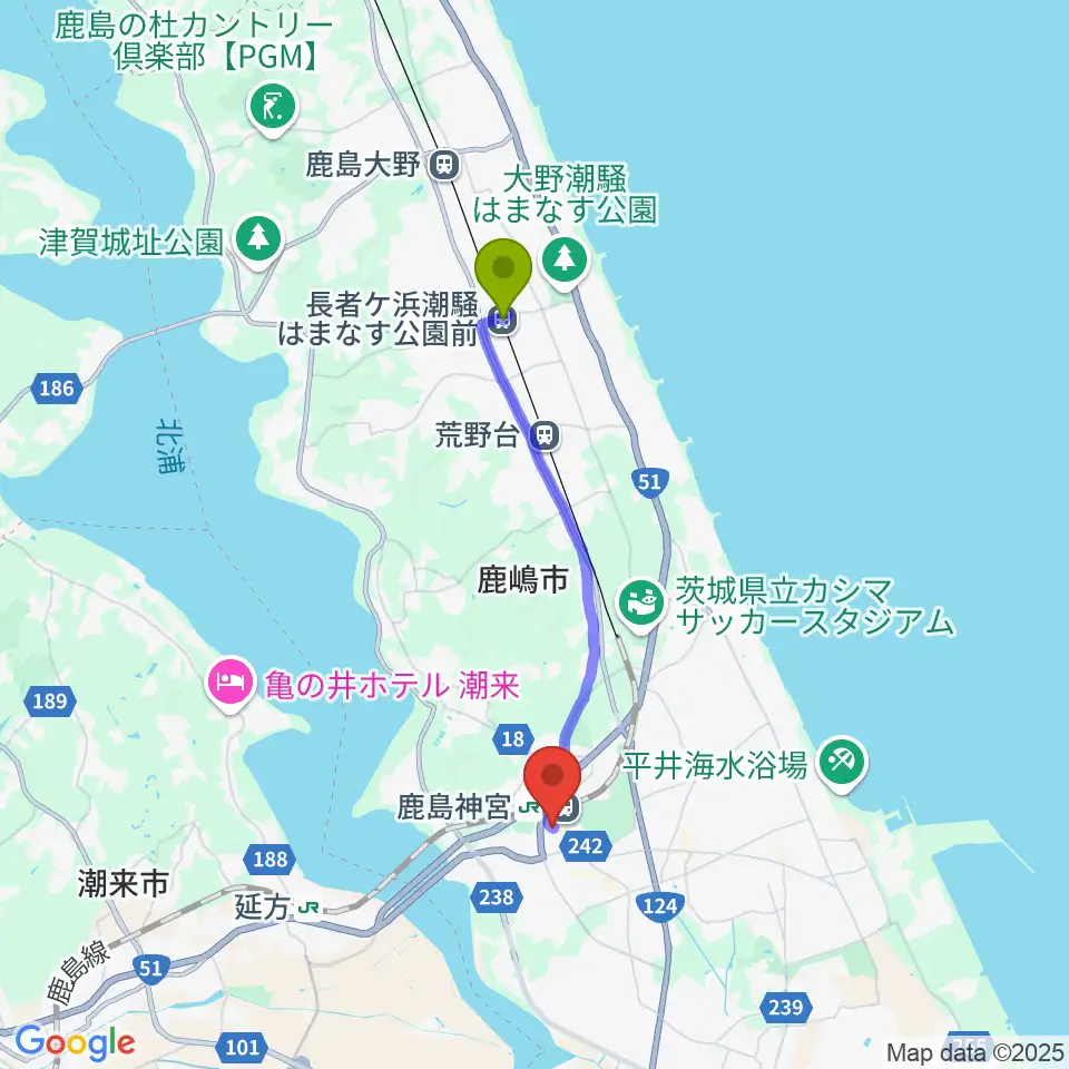 長者ヶ浜潮騒はまなす公園前駅からミュージックショップ ボブへのルートマップ地図