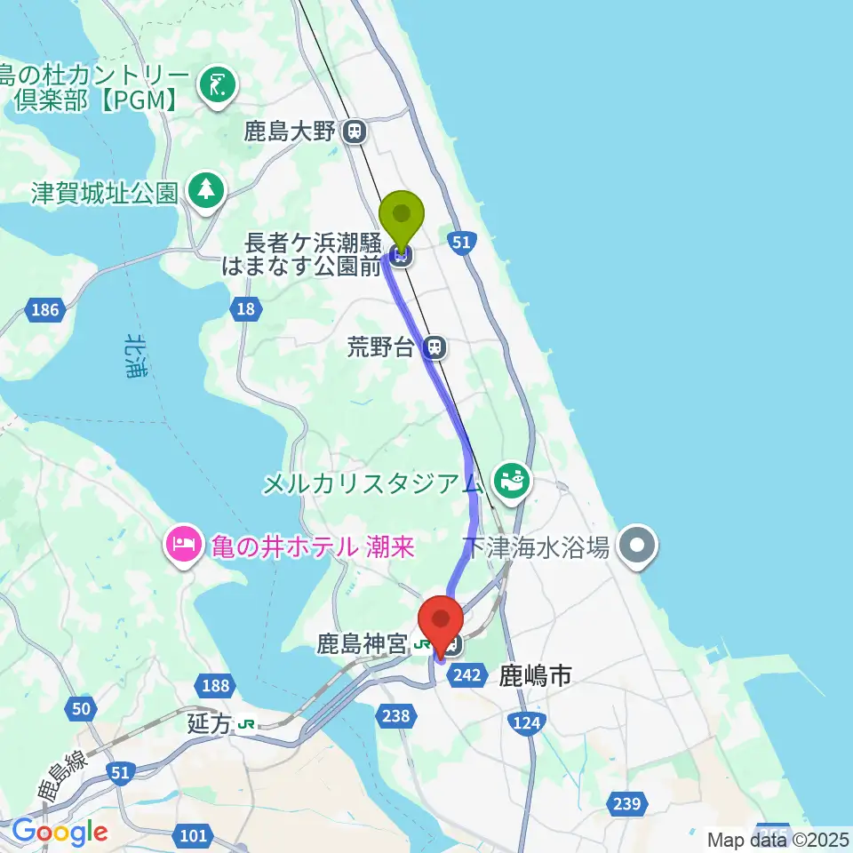 長者ヶ浜潮騒はまなす公園前駅からミュージックショップ ボブへのルートマップ地図
