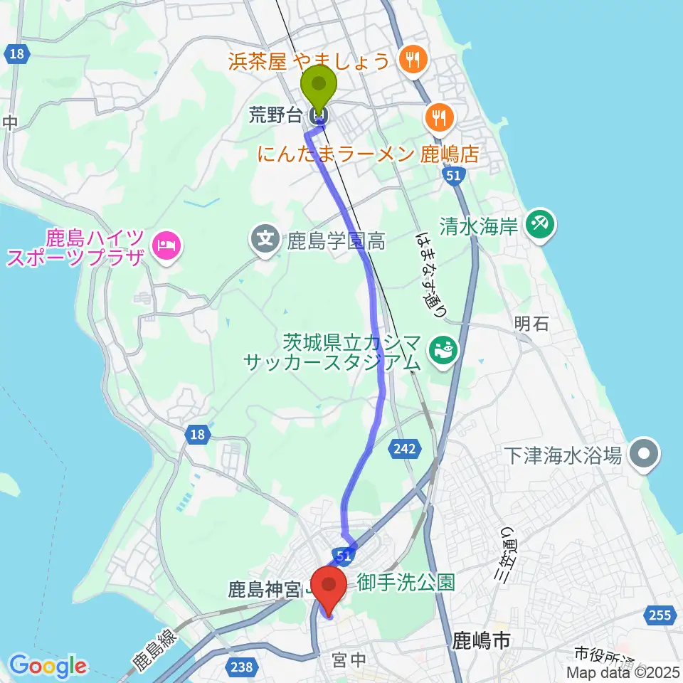 荒野台駅からミュージックショップ ボブへのルートマップ地図