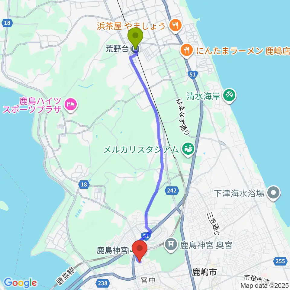 荒野台駅からミュージックショップ ボブへのルートマップ地図