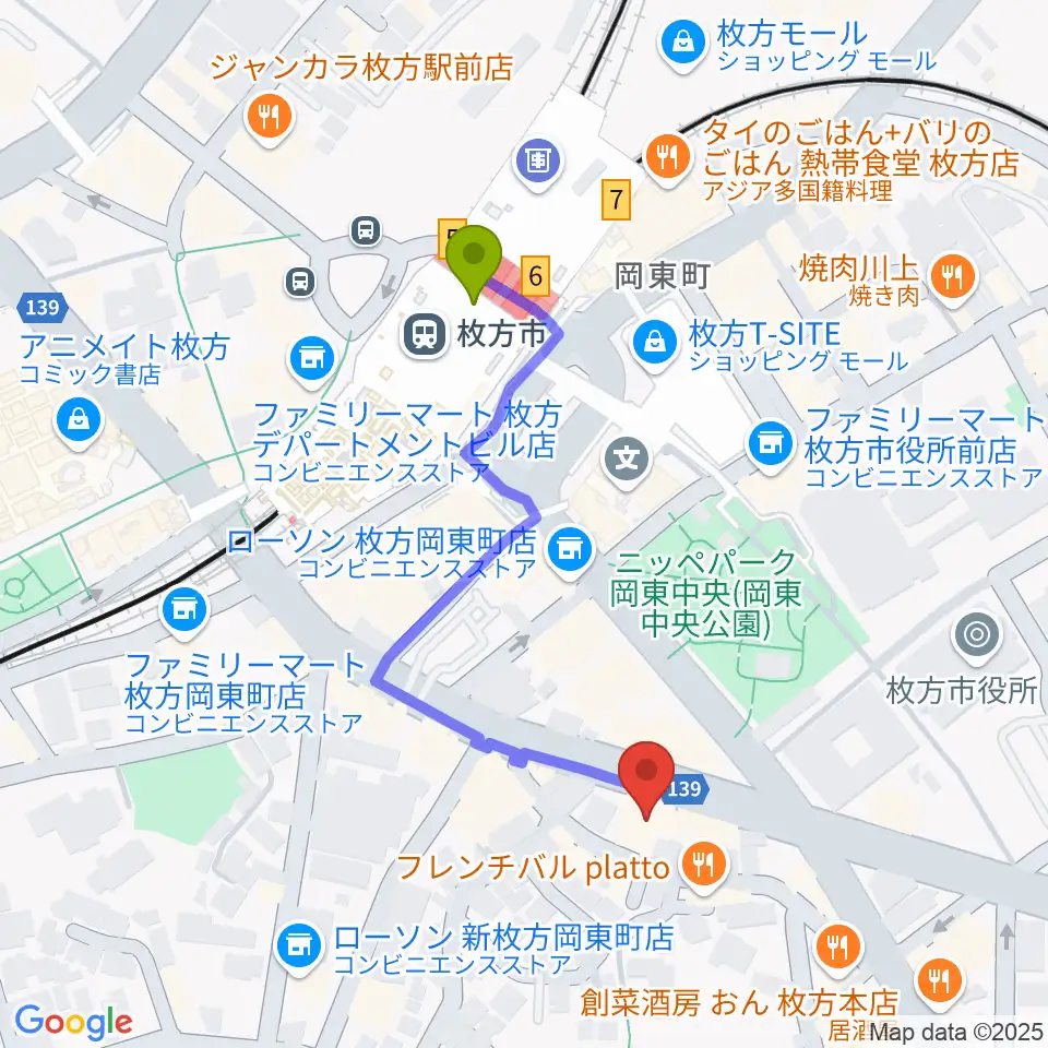 大東楽器 枚方店の最寄駅枚方市駅からの徒歩ルート（約4分）地図